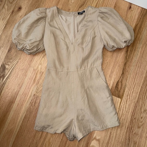 Express Linen-Blend Puff Sleeve Romper Neutral Cream Tan Size XS - Picture 14 of 14